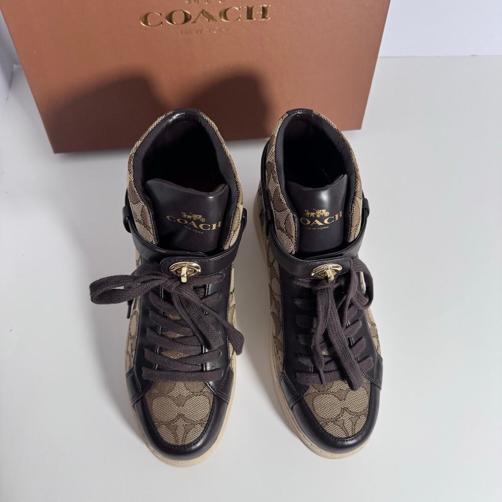 Coach Ray Outline Signature High Top Sneakers Khaki Chestnut 6.5 New Defect - Picture 12 of 14